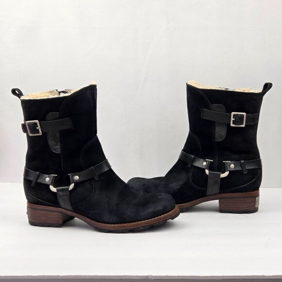 UGG Endell Black Suede Shearling-Lined Moto Boots With Buckle Accents Size 7 - Picture 2 of 16
